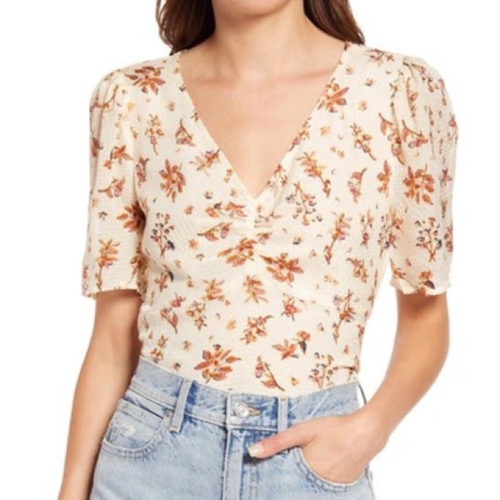 Madewell Cream Floral V-Neck Puff Sleeve Top